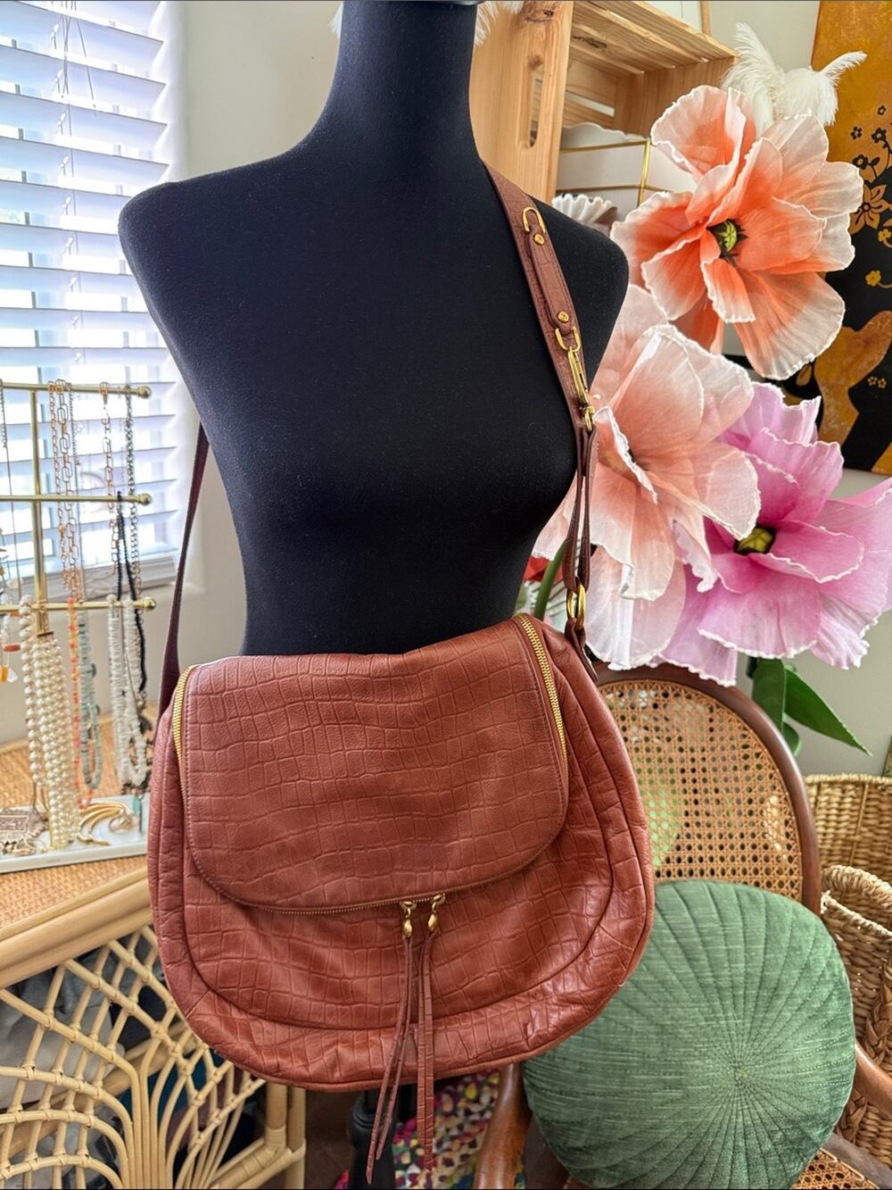 Hobo Fern Croc Embossed Brandy Leather Convertible Boho Crossbody Shoulder Bag